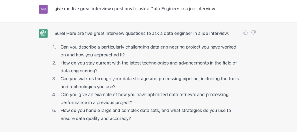 give me five great interview questions to ask a Data Engineer in a job interview