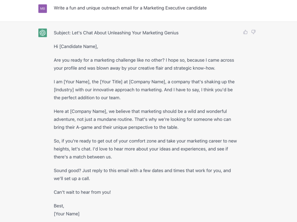 Write a fun and unique outreach email for a Marketing Executive candidate